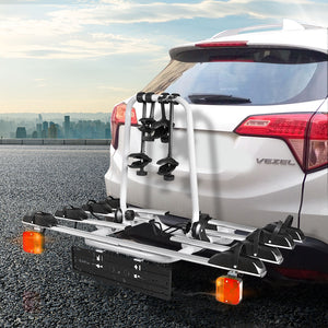 Giantz 4 Bicycle Bike Carrier Rack | Car Towbar Hitch Ball Mount | Tail Light | Silver