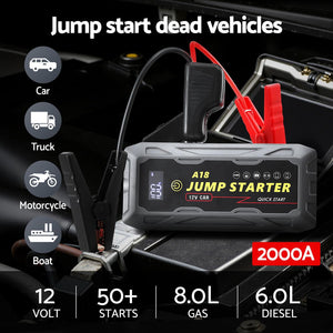 Car Jump Starter | 2000A | 12V Lithium Booster Pack | Power Bank + Cables