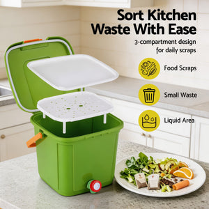 Kitchen Compost Bin | 15L Food Waste Caddy with Drain Tap | Green