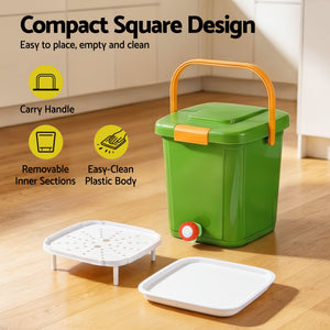Kitchen Compost Bin | 15L Food Waste Caddy with Drain Tap | Green