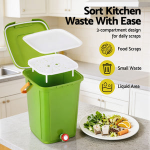 Kitchen Compost Bin | 20L Food Waste Caddy with Drain Tap | Green