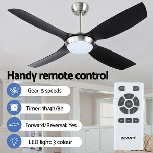 Ceiling Fan 52" | DC Motor with LED Light & Remote Control | Black Finish