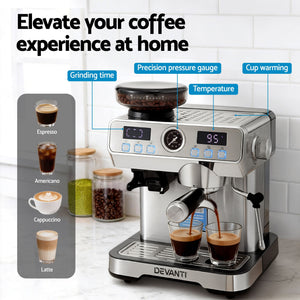 Espresso Coffee Machine | Grinder + Milk Frother | Steam Wand | Latte Maker