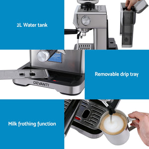 Espresso Coffee Machine | Grinder + Milk Frother | Steam Wand | Latte Maker