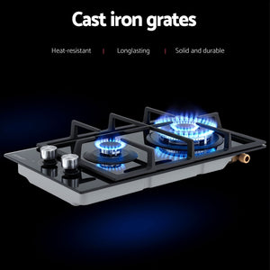 Gas Cooktop 30cm | 2 Burner | Built-In Glass | NG & LPG | Wok Burner