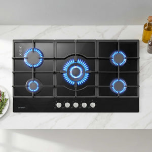 Gas Cooktop | 90cm 5 Burner LPG & Natural Gas Hob | Black Glass