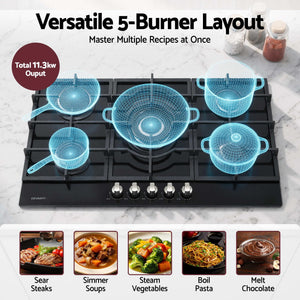 Gas Cooktop | 90cm 5 Burner LPG & Natural Gas Hob | Black Glass