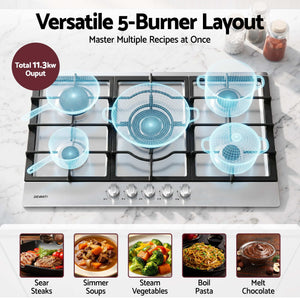 Gas Cooktop | 90cm 5 Burner LPG & Natural Gas Hob | Stainless Steel