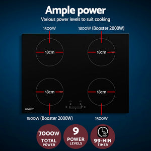 Devanti Electric Induction Cooktop | 70cm | Ceramic | 4 Zones | Stove Cook Top | Hot Plate | 7000W