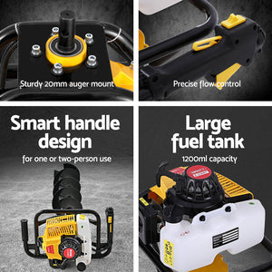Petrol Post Hole Digger | 82CC | 200mm Auger Drill | Extension Bits Included