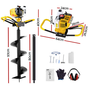 Petrol Post Hole Digger | 74CC | 300mm Auger Drill | Extension Bits Included