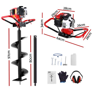 Petrol Post Hole Digger | 65CC | 300mm Auger Drill | Extension Bits Included