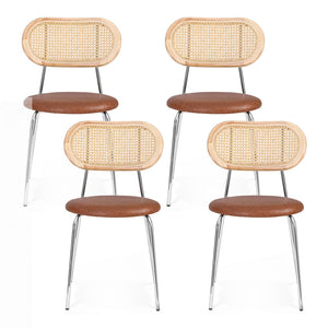 Dining Chairs Set 4pc | Rattan Back | PU Leather Seat | Brown