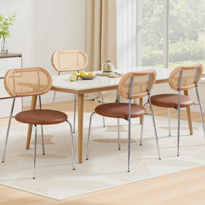 Dining Chairs Set 4pc | Rattan Back | PU Leather Seat | Brown