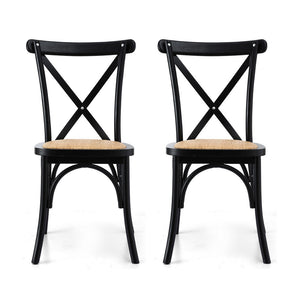 Dining Chairs Set 2pc | Rattan + Rubber Wood Frame | Wooden Accent Chairs