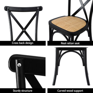 Dining Chairs Set 2pc | Rattan + Rubber Wood Frame | Wooden Accent Chairs