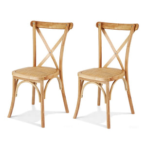 Dining Chairs Set 2pc | Rattan + Rubber Wood Frame | Wooden Accent Chairs