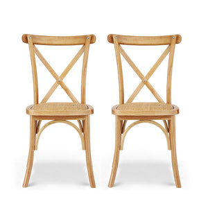 Dining Chairs Set 2pc | Rattan + Rubber Wood Frame | Wooden Accent Chairs