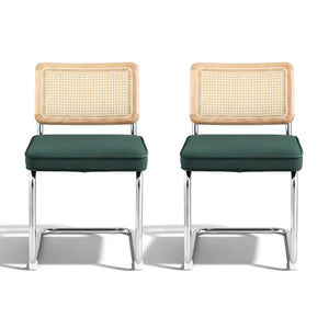 Dining Chairs Set 2pc | Cantilever Frame | Velvet + Rattan | Green