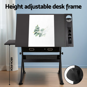 Drawing Desk & Stool Set | Adjustable Drafting Table | Tilt Angle with Drawers | Black