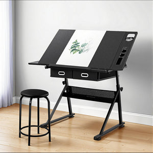 Drawing Desk & Stool Set | Adjustable Drafting Table | Tilt Angle with Drawers | Black