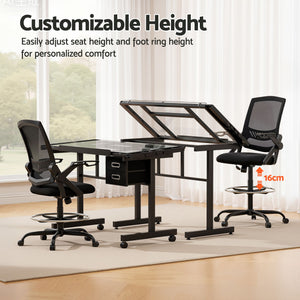 Drafting Table & Chair Set | Tempered Glass Drawing Desk with Storage Drawers