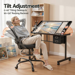 Drafting Table & Chair Set | Tempered Glass Drawing Desk with Storage Drawers