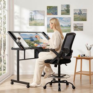 Drafting Table & Chair Set | Tempered Glass Drawing Desk with Storage Drawers