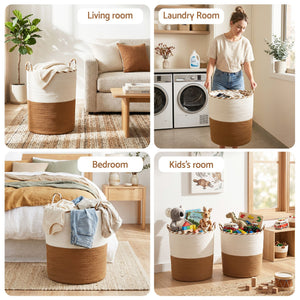 Woven Laundry Basket | Foldable Hamper with Handles | White & Brown