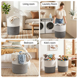 Woven Laundry Basket | Foldable Hamper with Handles | White & Grey