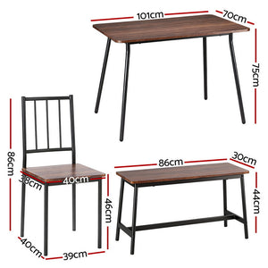 Dining Table & Bench Set 4pc | Rustic Brown Finish (Version B)
