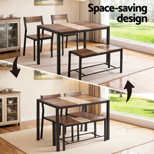 Kitchen Dining Set 4pc | Table + Bench Seats | Rustic Brown (Version A)