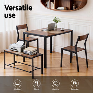 Kitchen Dining Set 4pc | Table + Bench Seats | Rustic Brown (Version A)