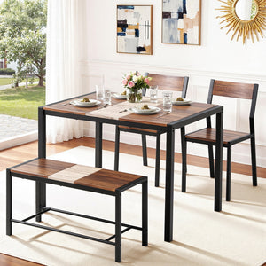 Kitchen Dining Set 4pc | Table + Bench Seats | Rustic Brown (Version A)