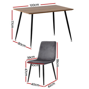 Dining Table & 4 Chairs Set | Grey Velvet | Modern Design