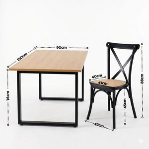 Dining Table & Chairs Set | 5 Piece | Industrial Table with Black Rattan Chairs