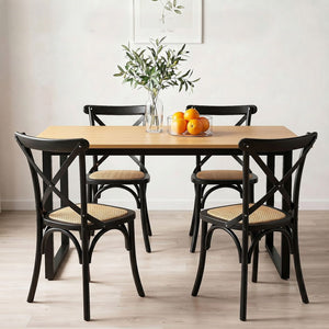 Dining Table & Chairs Set | 5 Piece | Industrial Table with Black Rattan Chairs