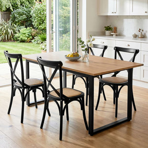 Dining Table & Chairs Set | 5 Piece | Industrial Table with Black Rattan Chairs