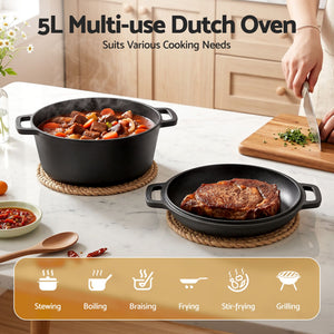 Pre-Seasoned Cast Iron Dutch Oven | 5L | 2-In-1 Pot with Lid