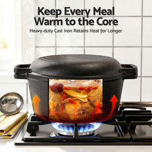 Pre-Seasoned Cast Iron Dutch Oven | 5L | 2-In-1 Pot with Lid