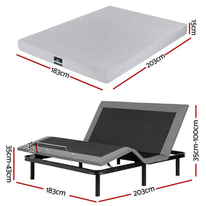 Artiss King Bed Frame and Giselle Bedding King Memory Foam Mattress Set, Electric Bed Base with Zero Gravity & 7 Zone Cooling Comfort for Back Pain Relief, Black & Grey, 15cm Thickness