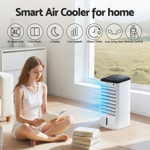 Evaporative Air Cooler | Portable Conditioner with Remote | 4L Water Tank | Home Cooling Appliance