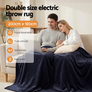 Electric Heated Throw Rug | Double 200x180cm | Coral Fleece | Charcoal