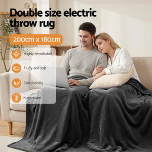 Electric Heated Throw Rug | Double 200x180cm | Coral Fleece | Grey