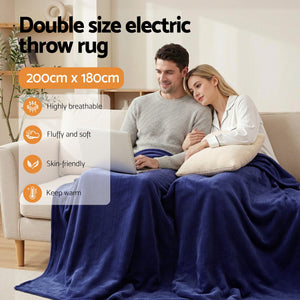 Electric Heated Throw Rug | Double 200x180cm | Coral Fleece | Navy