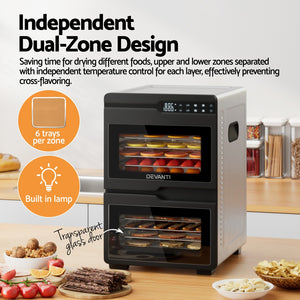 Devanti Food Dehydrator | 12 Trays | Dual-Zone | Stainless Steel | Fruit Jerky Dryer