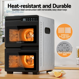 Devanti Food Dehydrator | 12 Trays | Dual-Zone | Stainless Steel | Fruit Jerky Dryer