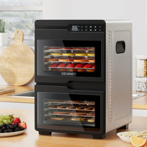 Devanti Food Dehydrator | 12 Trays | Dual-Zone | Stainless Steel | Fruit Jerky Dryer