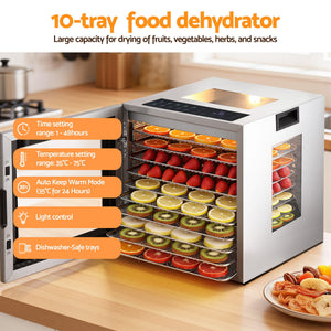 Food Dehydrator | 10 Trays | Stainless Steel | Glass Door | 850W