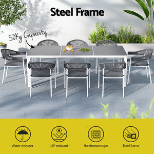 Outdoor Dining Set | 9 Piece | Steel Table Chairs | Setting White